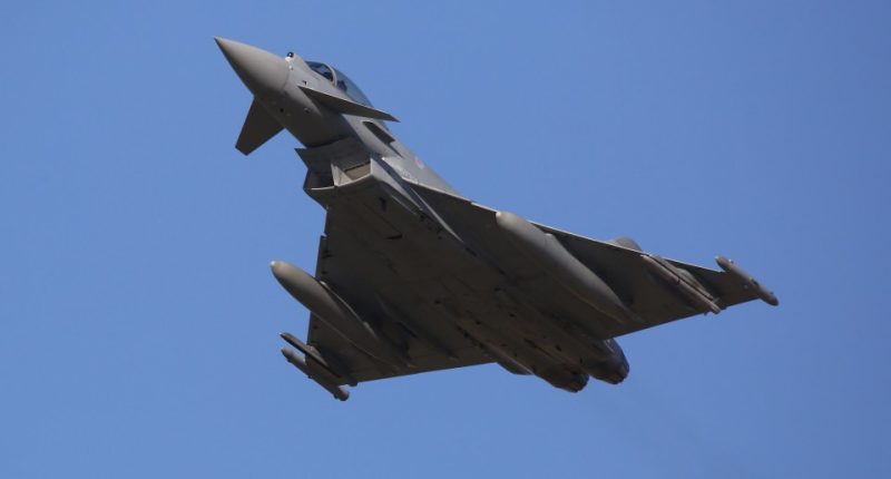 RAF Typhoon fighter jet in flight.