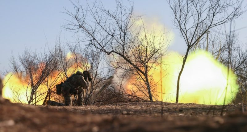 Ukrainian National Police artillery unit firing a howitzer.