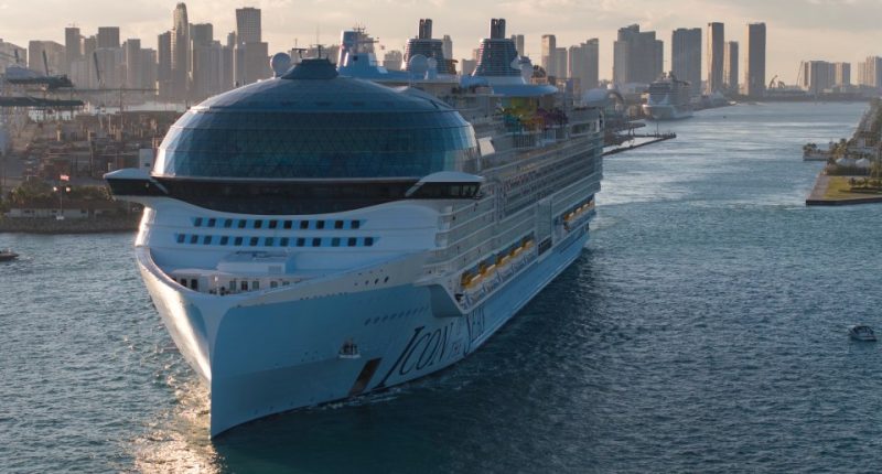 Aerial view of the Icon of the Seas cruise ship leaving PortMiami.
