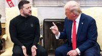 Volodymyr Zelensky and Donald Trump meeting in the Oval Office.