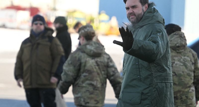 US Vice President JD Vance arrives at the US military's Pituffik Space Base in Greenland on March 28, 2025. The visit is viewed by Copenhagen and Nuuk as a provocation amid President Donald Trump's bid to annex the strategically-placed, resource-rich Danish territory. (Photo by Jim WATSON / POOL / AFP) (Photo by JIM WATSON/POOL/AFP via Getty Images)