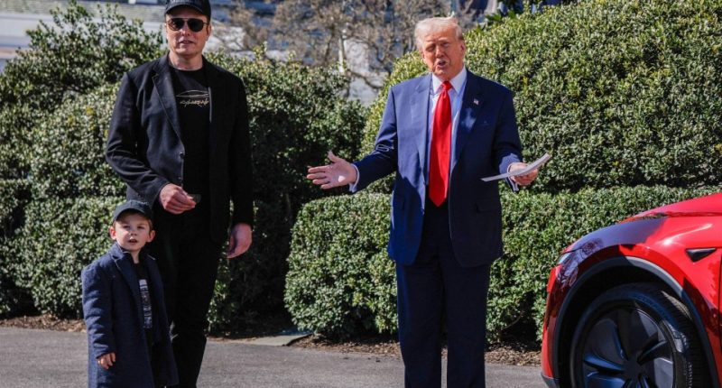 President Trump, Elon Musk, and his son X stand by a red Tesla.