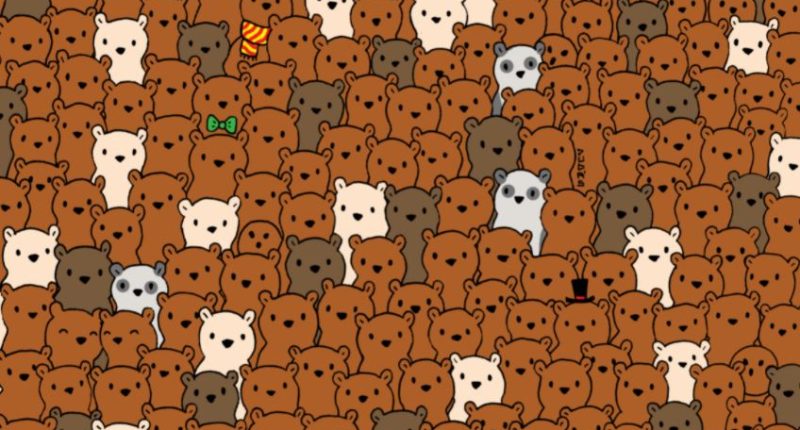 Illustration of many bears with a few wearing accessories.