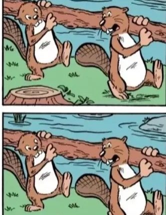 Illustration of two beavers carrying a log; a spot-the-difference puzzle.
