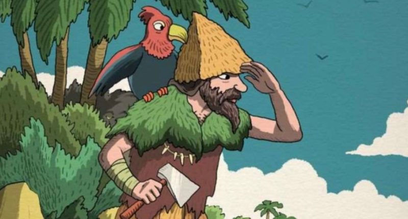 Illustration of a man with a parrot on his shoulder, looking out at a tropical landscape.