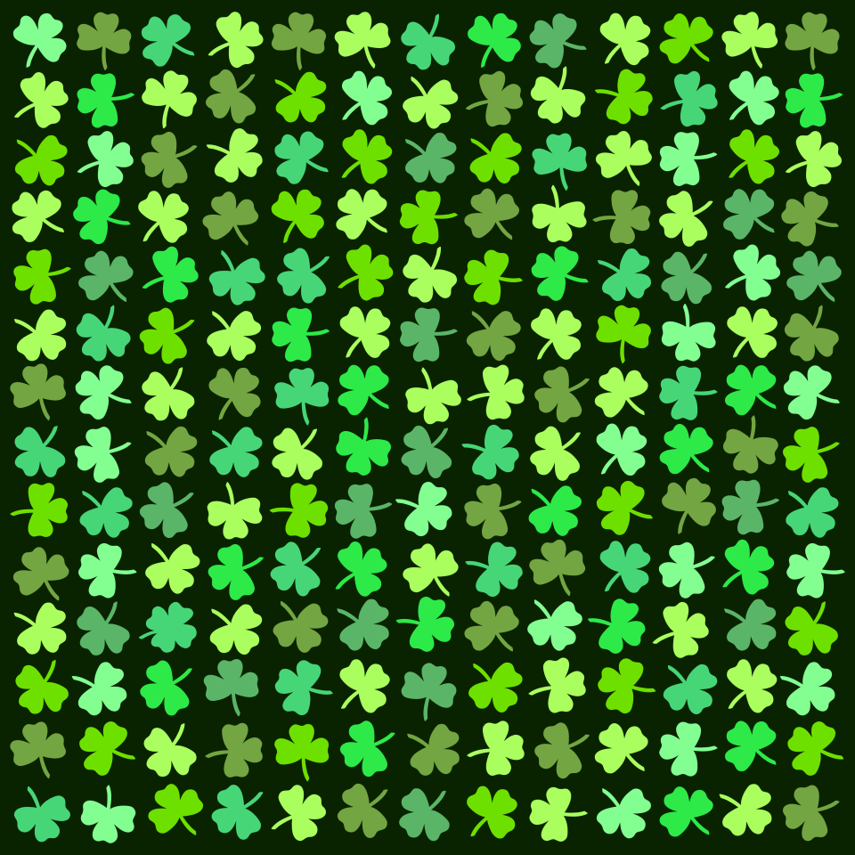 Illustration of many shamrocks, one of which has four leaves.