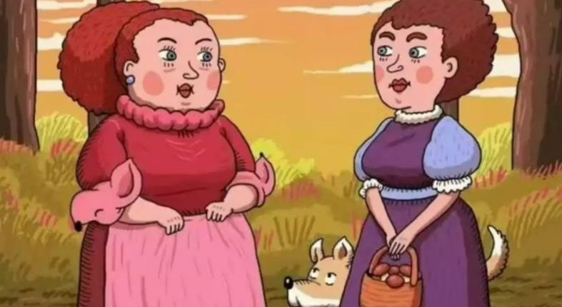 Illustration of two women and two dogs; a visual puzzle.