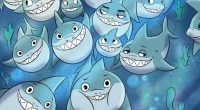 Illustration of grinning sharks underwater.