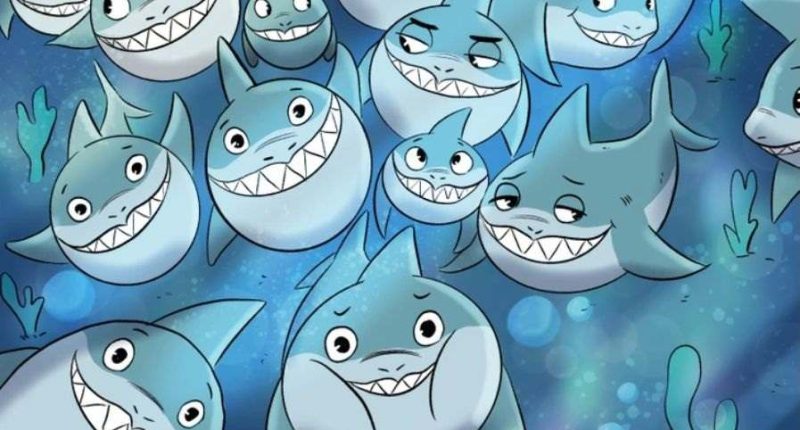 Illustration of grinning sharks underwater.