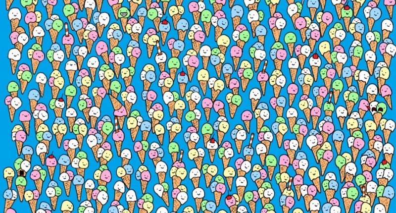 Illustration of a puzzle: find the lollipop hidden among many ice cream cones.