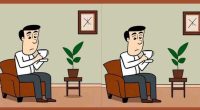 Illustration of a man sitting in a chair, holding a cup, with a plant on a side table; a second image shows a nearly identical scene with three subtle differences.
