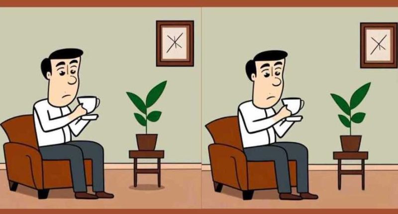 Illustration of a man sitting in a chair, holding a cup, with a plant on a side table; a second image shows a nearly identical scene with three subtle differences.