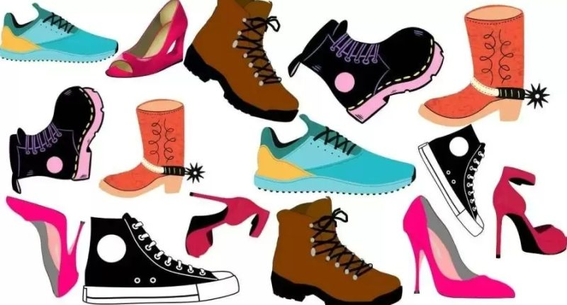 Illustration of various shoes, a visual puzzle to find the unmatched pair.