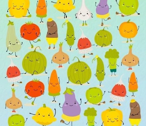 Illustration of smiling vegetables.
