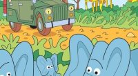 Illustration of a safari jeep with people and animals.