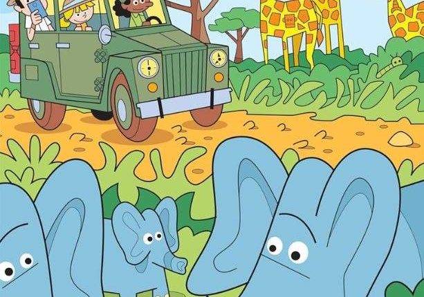 Illustration of a safari jeep with people and animals.