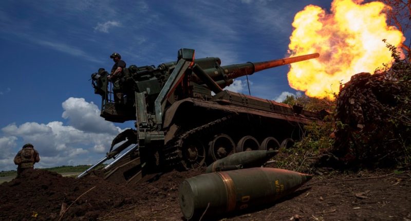 FILE - Ukrainian soldiers of the 43rd Artillery Brigade fire a howitzer toward Russian positions at the front line in the Donetsk region of eastern Ukraine on June 24, 2024. (AP Photo/Evgeniy Maloletka, File)