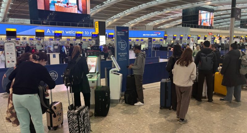 Crowded Heathrow Airport terminal with passengers checking in.