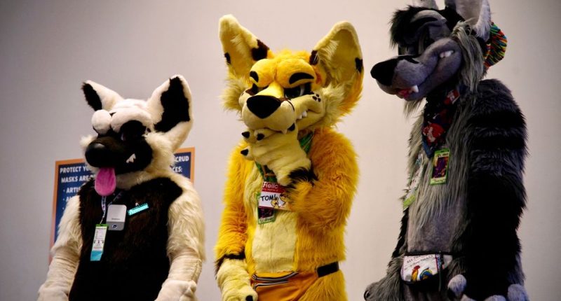 Three people in animal costumes at a furry convention.