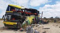 Wreckage of a bus after a collision in Bolivia.