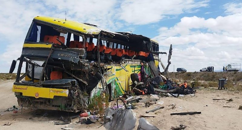 Wreckage of a bus after a collision in Bolivia.