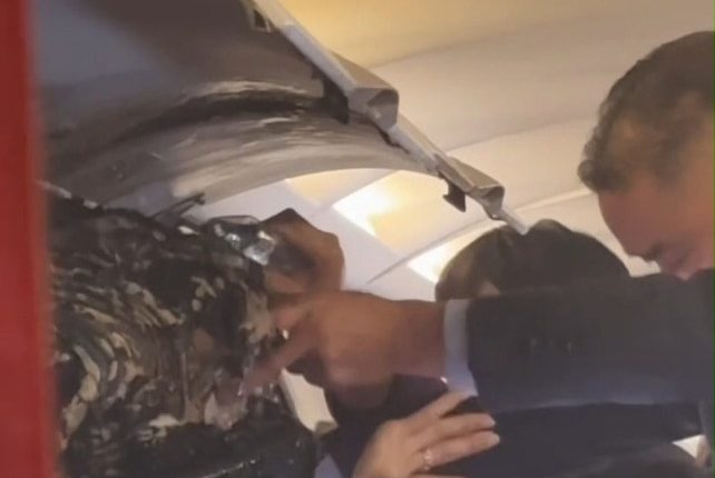 Passengers and crew dousing a burning bag in an airplane's overhead compartment.