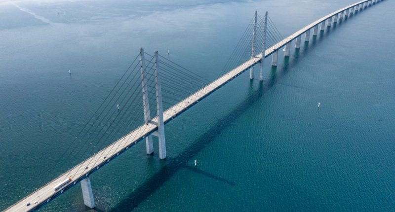 Aerial view of the Øresund Bridge connecting Copenhagen and Malmö.
