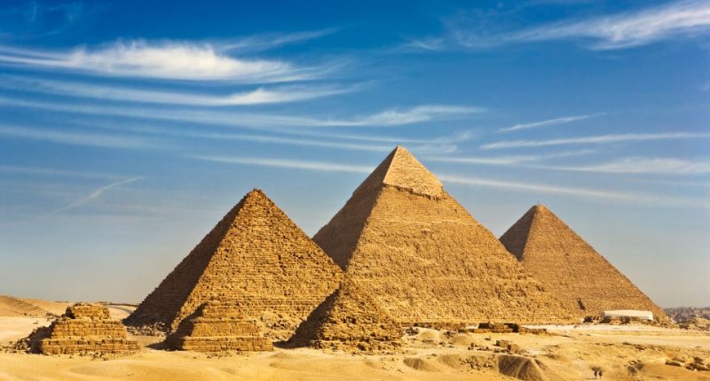 Three pyramids at Giza, Egypt.