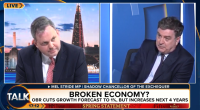 Screenshot of a TV segment discussing the UK economy, featuring Mel Stride MP.