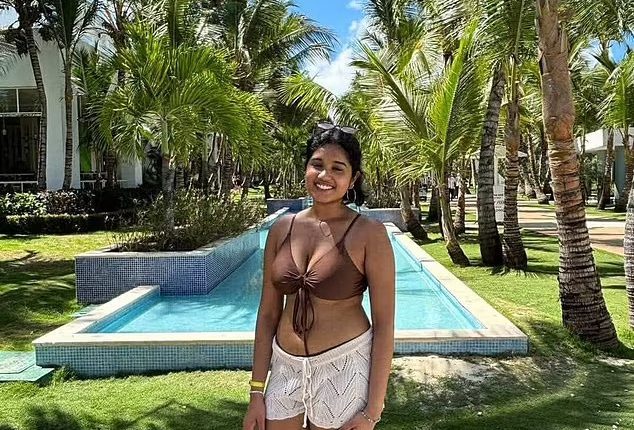 Photo of Sudiksha Konanki in swimwear by a resort pool.