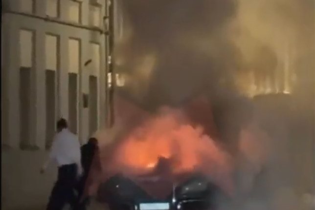 Aurus Senat limousine engulfed in flames.