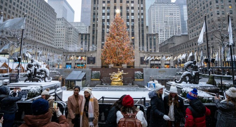 People taking photos of the Rockefeller Center Christmas tree in the snow.
