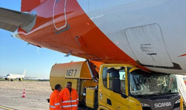 A yellow truck collided with an EasyJet plane on an airport tarmac.