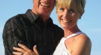 Portrait of a smiling couple embracing outdoors.