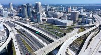 Aerial view of downtown Orlando's Interstate 4 and State Road 408 interchange.