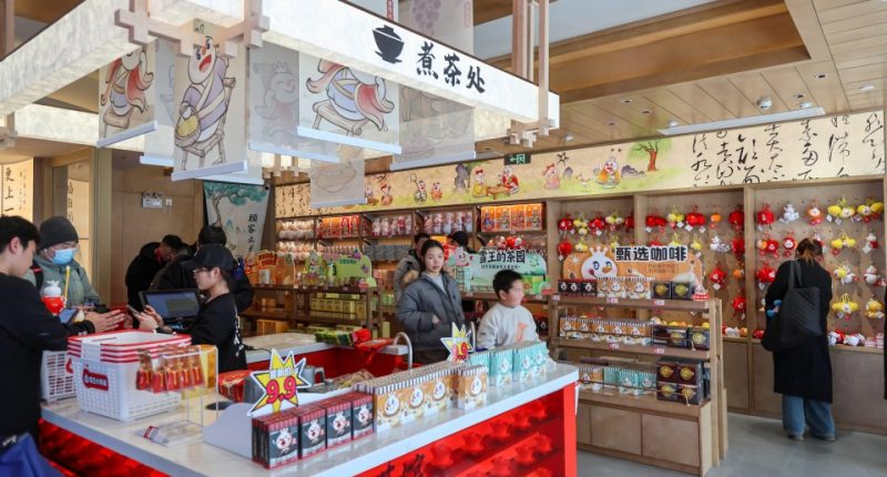 Interior view of Mixue Ice Cream & Tea's flagship store in Zhengzhou, China.