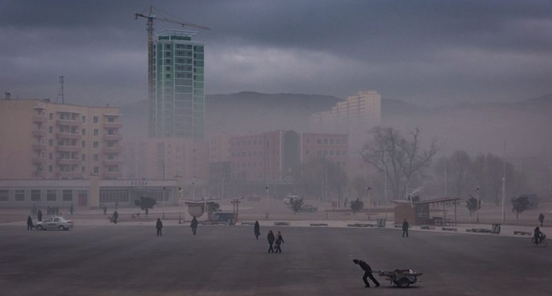 Foggy view of a public square in Rason, North Korea.