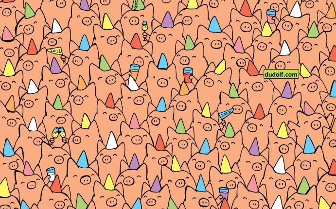 Illustration of many pigs wearing party hats.