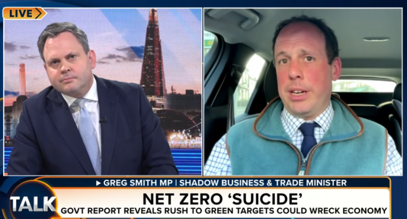 Screenshot of a news segment featuring Greg Smith MP discussing the economic impact of net-zero policies.
