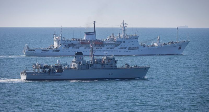 HMS Cattistock shadowing the Admiral Vladimirsky in the English Channel.