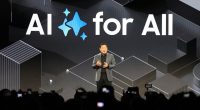 Samsung executive speaking at CES 2025 press conference about AI.