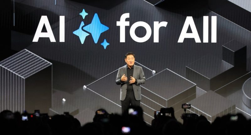 Samsung executive speaking at CES 2025 press conference about AI.