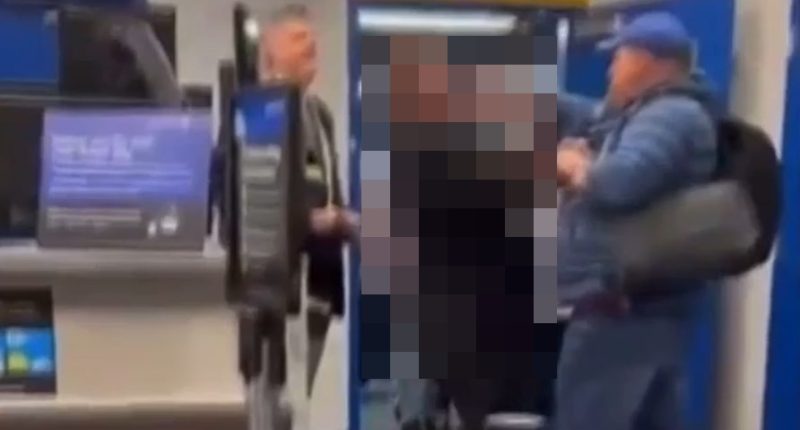 A passenger assaulting a gate attendant at an airport gate.