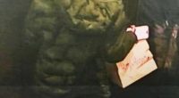 CCTV image of a person holding a Betty's Burgers bag in an elevator.
