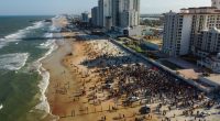 Aerial view of a large crowd on a beach with police vehicles.
