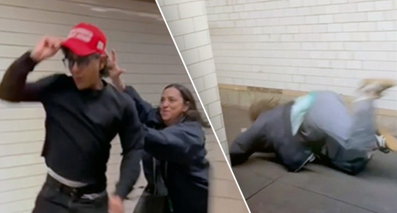 Subway rider's tumble caught on camera after failed attempt to snatch MAGA hat off man's head: 'Instant karma'