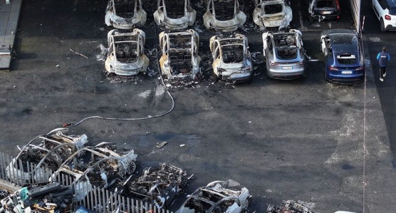 Burned-out Tesla cars at a dealership.