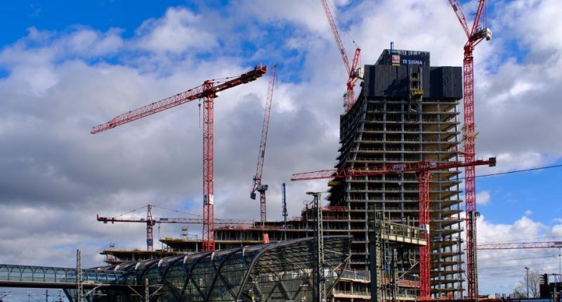 Construction of the Elbtower in Hamburg, Germany.