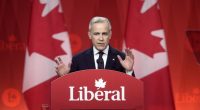 Mark Carney, leader of the Liberal Party of Canada, speaking at a podium.