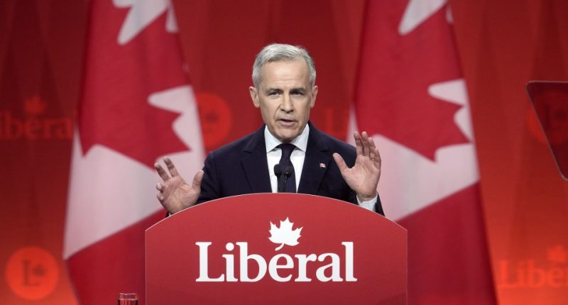 Mark Carney, leader of the Liberal Party of Canada, speaking at a podium.